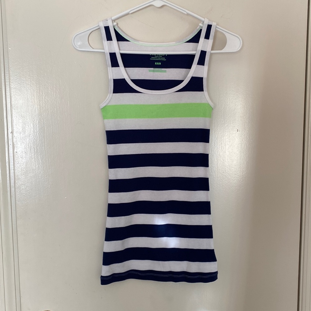 Old Navy Ribbed Knit Navy, White and Lime-Green Striped Tank Size M